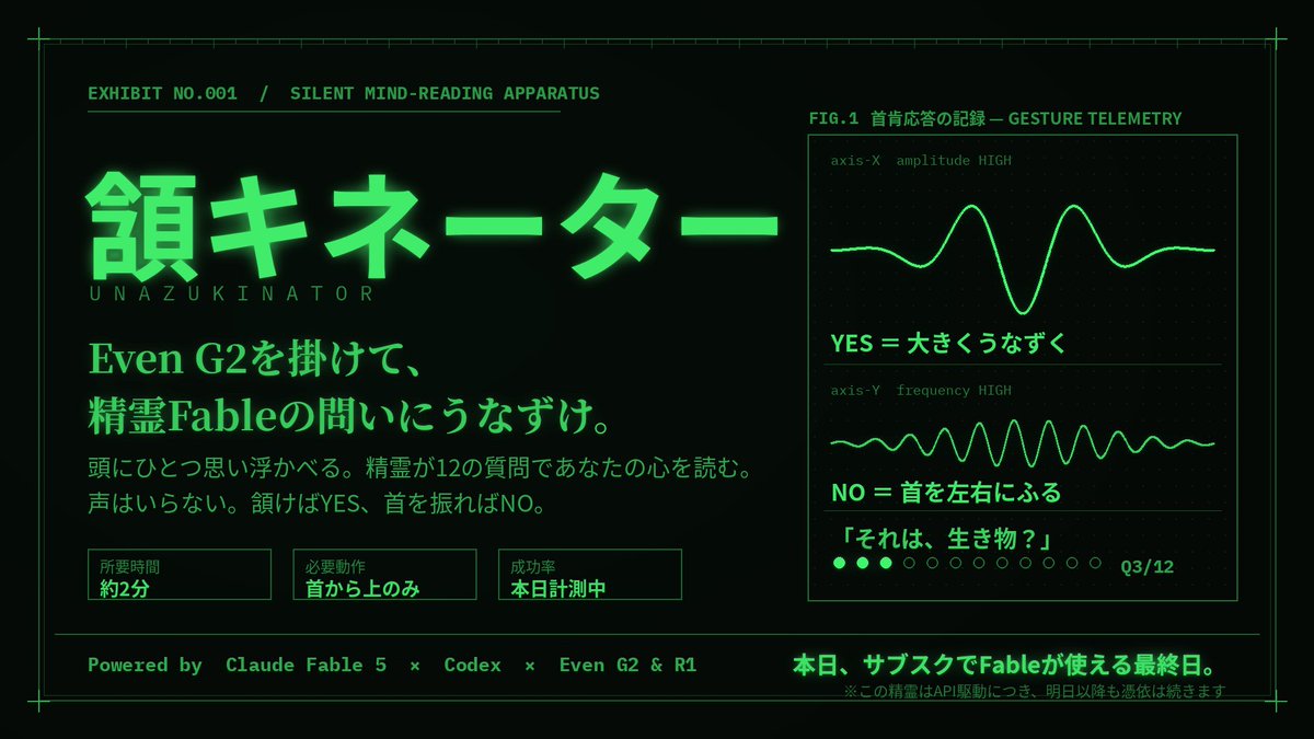 aym_same's tweet photo. 【福岡展示】Fableサブスク最終日記念⚡

▼7/8 『XR Kaigi Hub 福岡 2026』にて出展！

教育事業家/エデュテイメントプロデューサーとして高校教育現場の事例紹介を、学校法人希望が丘学園 鳳凰高等学校の中村太悟先生と実施します！🏫

そして、Claud Fable 5 × Codex × スマートグラスのアプリ体験展示も持っていきます！

Even G2をかけて、精霊Fableの質問に「うなずくだけでYES」「首を振るだけでNO」。心を読み取るア◯ネーターアプリ『頷キネーター』体験！🧞

Rokid Glassesをかけて撮るだけで、自動でハッシュタグ＆日時を写真に刻印！そのまま投稿できるイベント専用スナップカメラアプリ『Hashtag Camera』体験！📸

その他にも、共同代表のあぶちさんによる「TiltFive×3DGS」で巡る鹿児島の名所展示！

鹿児島県日置市に移住した地域おこし協力隊 一倉弘毅さんによる、「Even G2」で有形文化財の鑑賞を拡張する体験！

教育×伝統文化×XR・スマートグラス・AIなど盛り沢山でお届けしますので、ぜひ遊びに来てください🦈

#xrkaigi #XRm鹿児島