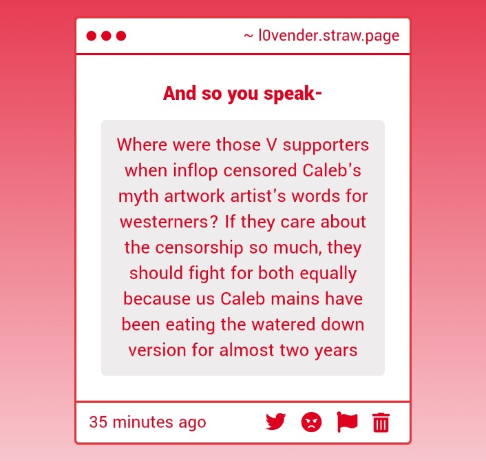L0vende's tweet photo. You know, I really find this funny. 

Antis love to pretend that erasing Caleb's weiguke trope will have no effect on his main story, when it's quite central to his character/plot. Even YYS was censored partly. So censoring one LI is a huge deal, but not the other? https://t.co/A6IzVwzBjX