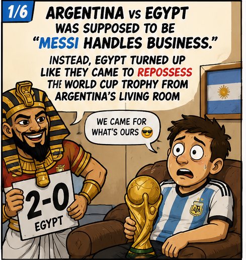 footbalunhinged's tweet photo. Argentina vs Egypt 🍿 

1/6
Argentina vs Egypt was supposed to be “Messi handles business.”

Instead, Egypt turned up like they came to repossess the World Cup trophy from Argentina’s living room 😭🍿 https://t.co/Tm2aeRmjHO