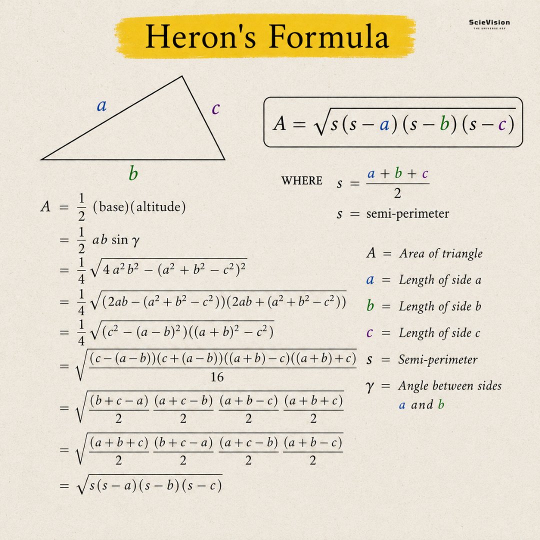 scievision369's tweet photo. Heron's formula ✍️ 

Heron of Alexandria was a remarkable Greek mathematician and engineer who lived around two thousand years ago in Alexandria, Egypt. He discovered one of the most elegant and useful formulas in mathematics. This formula allows anyone to calculate the area of any triangle if they know the lengths of its three sides. There is no need to measure the height, angles, or any other property of the triangle. This feature makes it incredibly practical. Measuring the three sides of a triangle is straightforward, while measuring the height a line that often falls outside the triangle can be quite difficult in real-world situations like land surveying or construction.

To understand the formula, you first need to recognize that every triangle has three sides. Adding the lengths of all three sides gives you the perimeter, which is the total distance around the triangle. Dividing that total by two yields the semi-perimeter, represented by the letter s. This semi-perimeter is the most important part of Heron's formula. It acts as a central reference point from which each side length is subtracted to create the four factors that the formula multiplies to find the area.

The formula works by taking the semi-perimeter and subtracting each of the three side lengths separately. This produces three new numbers. Then, you multiply all four numbers together: the semi-perimeter itself, the result of subtracting the first side, the result of subtracting the second side, and the result of subtracting the third side. Finally, you take the square root of that entire product to find the area. Each of these subtraction results has real geometric meaning. When the semi-perimeter minus a particular side is very small, it indicates that side is almost as long as the other two sides combined. This means the triangle is very flat and thin, with almost no area. Larger differences indicate a more spread-out triangle with more area.

The journey to derive this formula starts with the basic rule everyone learns: area equals half the base multiplied by the height. It then uses trigonometry to replace the height with an expression involving two sides and the angle between them. Next, the Law of Cosines is applied to eliminate that angle completely, expressing everything in terms of the three side lengths. A series of clever algebraic steps, using a technique called difference of squares, simplifies complicated expressions into easier multiplied pieces. After several rounds of factoring and simplification, the semi-perimeter structure becomes visible inside the algebra, revealing the formula in its final beautiful form.

What makes this formula truly remarkable is its perfect symmetry. It treats all three sides of the triangle in exactly the same way, with each side playing an identical role. This reflects the truth that the area of a triangle does not change regardless of which side you label a, b, or c. The formula also detects impossible triangles. If someone provides three lengths that cannot create a valid triangle, one of the subtraction results will be negative. Consequently, the product inside the formula will be negative, and taking the square root of a negative number is impossible. This is the formula's way of indicating that such a triangle cannot exist.

This single formula has been applied for nearly two thousand years in many practical fields. In land surveying, surveyors measure distances between boundary markers and use the formula to calculate property areas. In architecture, triangular roof sections and structural elements require area calculations. Navigators, including sailors and explorers, used triangulation to determine their positions. In computer graphics, modern software represents three-dimensional surfaces as millions of small triangles and calculates their areas millions of times per second for rendering and lighting.