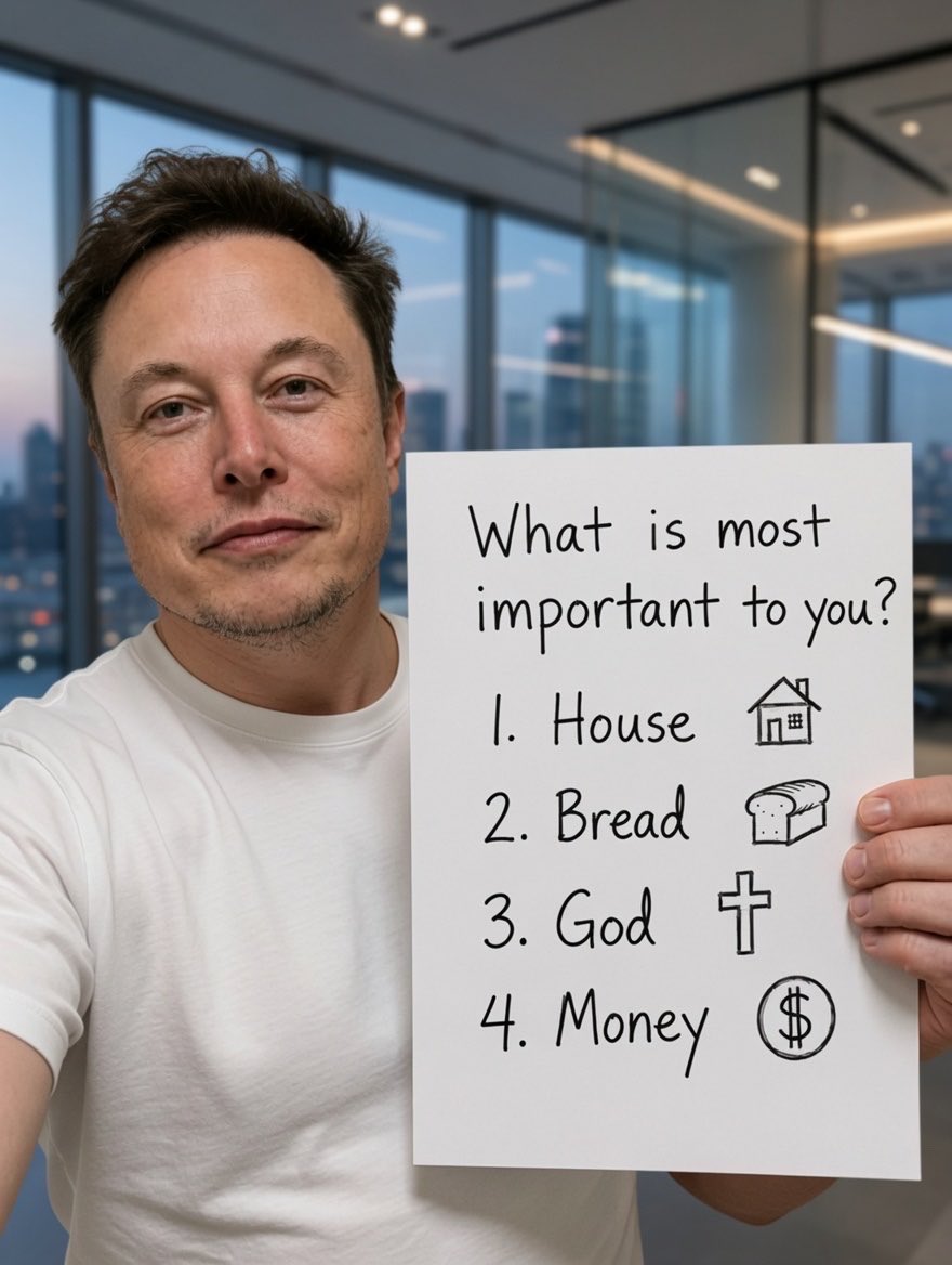sprosay10's tweet photo. Be honest 👇 

🤔 Elon Musk asks: "What's most important to you?" 

A) House 🏠
B) Bread 🍞
C) God ✝️
D) Money 💰 https://t.co/TSrqZgNOuq