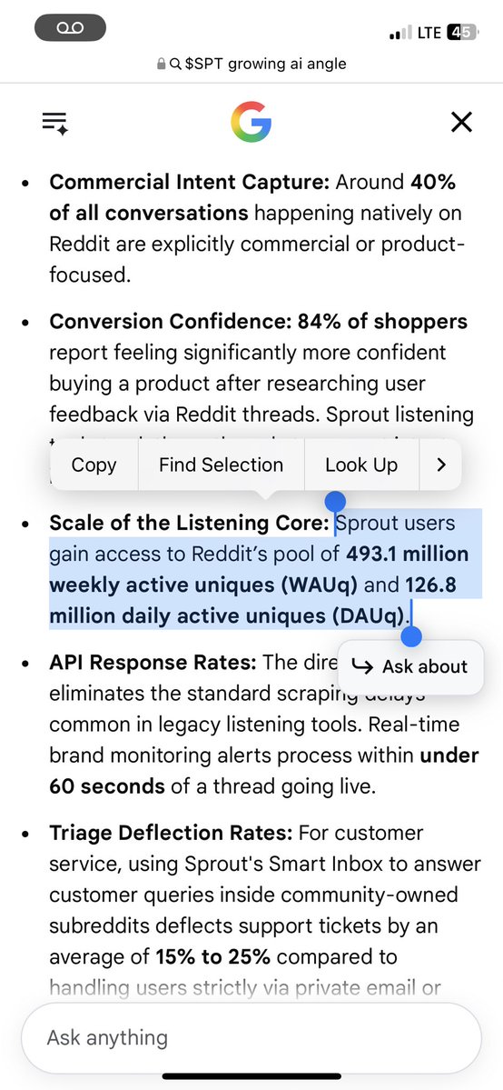 HunterAllen4's tweet photo. $SPT 

-60% past year but volume expansions seen. 

Is this the farmers market? No.

DONT MISS THIS SAAS. 

A premium SaaS company trading like the market has already given up on it.

Sprout Social is one of the most interesting beaten-down software names I’m watching.

This is a ~$500M market cap company generating nearly $500M in annual revenue.

A niche AI-powered social intelligence platform with enterprise customers, recurring revenue, improving margins, and a massive opportunity to become the intelligence layer behind how brands understand customers.

Now I’m watching $SPT.

Look at $BRZE, $FRSH, $PD, $PCOR, and even $CRM for the blueprint.

Unlike broad enterprise software companies, Sprout Social is a pure-play social intelligence and management platform.

Tied to Open Ai, Anthropic, and $RDDT
It helps brands publish content, manage conversations, analyze performance, monitor trends, understand sentiment, and turn billions of social signals into actionable business intelligence.

The company sits in a very specific niche:

Social media management + social customer experience + AI-powered consumer intelligence.

Sprout’s goal is becoming the intelligence layer between brands and billions of online conversations.

Its main competitors include:

$SPT vs $SPKL (Sprinklr), Hootsuite, Khoros, Brandwatch, Meltwater, Emplifi, Buffer, and other social SaaS platforms.

But Sprout occupies a unique position.

It is not trying to be the cheapest option.

It is not trying to become a massive all-in-one CX platform.

It is focused on being the premium, easy-to-use intelligence platform for brands that need enterprise-level insights without enterprise complexity.

The biggest opportunity is AI.

Sprout is building AI into the entire platform through Trellis.

Trellis is designed as an AI agent that can analyze social conversations, identify trends, understand sentiment, surface competitive intelligence, and help teams make faster decisions.

This turns Sprout from a social scheduling tool into a real-time business intelligence platform.

The future opportunity:

Every company will need to understand:

• What customers are saying
• Why sentiment is changing
• What trends are emerging
• How competitors are performing
• How AI-generated content is impacting brands

Social data is becoming one of the largest real-time datasets in the world.

The numbers:

• Market cap: ~$500M
• FY2025 Revenue: ~$457.5M (+13% YoY)
• Q1 2026 Revenue: ~$121.5M (+11% YoY)
• Subscription revenue: ~$453M annually
• Gross margins: ~77-80%
• ARR continues expanding
• ~30,000 brands using the platform

The most important growth signal:

Enterprise customers continue expanding.

Customers generating:

• $30K+ ARR: 3,803 customers (+13% YoY)
• $50K+ ARR: 2,022 customers (+18% YoY)

The $30K+ ARR customer base now drives the majority of subscription revenue.

This matters because SaaS companies re-rate when customers expand usage, contracts get larger, and revenue becomes more predictable.

Sprout is increasingly moving toward larger, higher-value enterprise relationships.

The company is also showing improving operating leverage.

Recent trends:

• Non-GAAP operating margins improving
• Operating expenses growing slower than revenue
• Strong gross margins
• Improving free cash flow profile
• Continued focus on efficiency

The valuation is where this gets interesting.

Comparable SaaS companies:

$BRZE: ~$3B market cap
$FRSH: ~$3B market cap
$PD: multi-billion market cap
$PCOR: ~$6B+ market cap

Sprout:

~$500M market cap.

The upside case is the market begins viewing it as an AI-enabled social intelligence platform with enterprise expansion.

The AI opportunity could become the catalyst.

But the setup is interesting.

 $SPT may be one of the more underfollowed ways to invest in AI-powered customer intelligence, social analytics, and enterprise SaaS recovery.

That combination is worth watching.