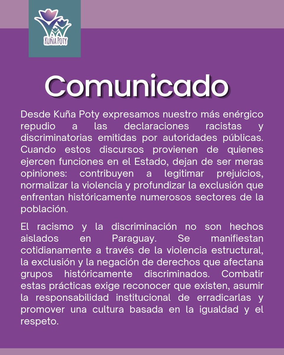 MujerPoty's tweet photo. Expresamos nuestro repudio a las declaraciones racistas emitidas por autoridades públicas. Cuando estos discursos provienen el Estado, dejan de ser meras opiniones: contribuyen a legitimar prejuicios, normalizar la violencia que enfrentan históricamente sectores de la población. https://t.co/eDeBN5XI7y