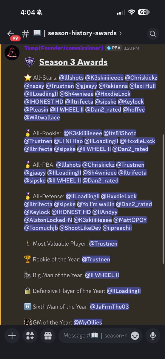 PBABYOT's tweet photo. Congratulations to all of these players and teams for winning these awards and setting records during PBA Season 3. Playoffs start on the 9th who’s winning the 1k+ POT👀👀
#builtdifferent #builtonprestige #2k26 #proam #comp https://t.co/VsK4HOmQBW