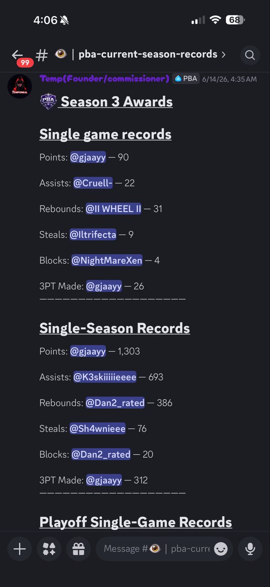 PBABYOT's tweet photo. Congratulations to all of these players and teams for winning these awards and setting records during PBA Season 3. Playoffs start on the 9th who’s winning the 1k+ POT👀👀
#builtdifferent #builtonprestige #2k26 #proam #comp https://t.co/VsK4HOmQBW