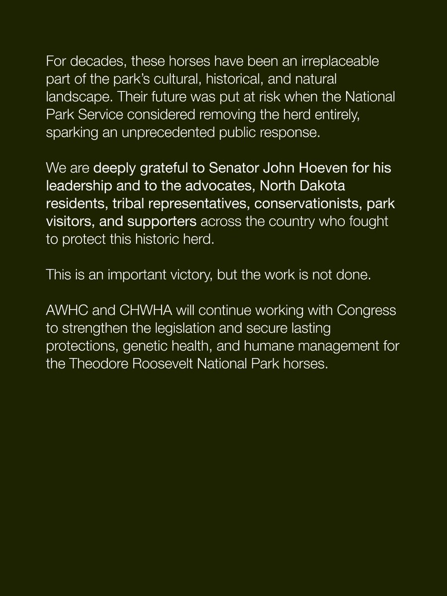 FreeWildHorses's tweet photo. 🐴 A win for Theodore Roosevelt National Park’s wild horses!

The U.S. Senate has passed the Theodore Roosevelt National Park Wild Horses Protection Act—a major step toward permanent protection for this iconic herd.

Now it’s time for the House to act. 🤎 https://t.co/BjmzFP7zNT
