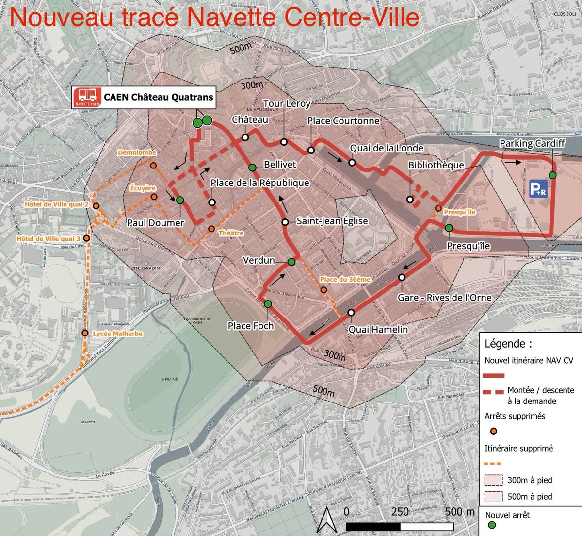 JoyauNicolas's tweet photo. 🚌 Navette Centre-Ville #Caen :
Nouveau départ pour éviter le chantier tramway au Palais des Sports.
Une zone desservie dans le centre quasi-similaire :
➡️ 97% des commerces de l'ancien tracé ;
➡️ 96% des bars &amp; restau. de l'ancien tracé ;
➡️ 87% des emplois de l'ancien tracé. https://t.co/sGIhA9clhr