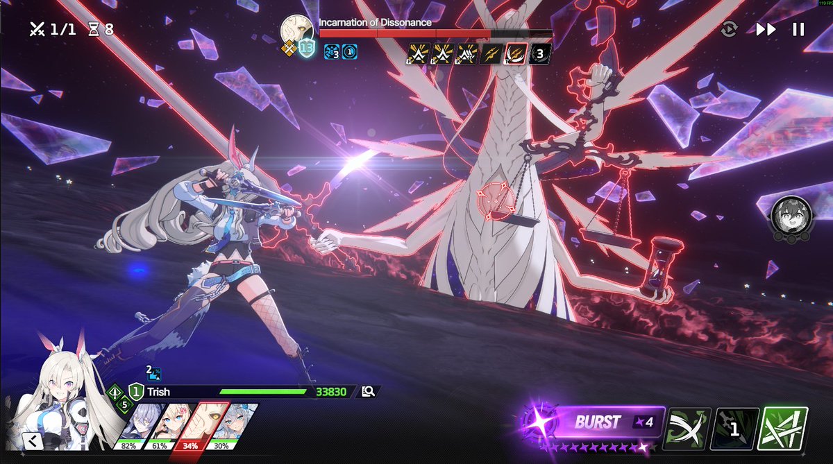 Reinmisaac's tweet photo. Tested Trish in PvE and she's surprisingly good at breaking enemy Toughness. Her S2 → S3 → S2 combo is excellent against the current event boss and both Cosmo Gate bosses. She also deals respectable damage thanks to the DEF Pierce on S3. (1/2)
#StarSavior #BalancePatch https://t.co/oimEMBoTSL