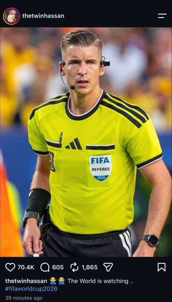 golsdobrasil1's tweet photo. 🇪🇬 Hossam Hassan, treinador do Egito, postou essa foto do juiz no Instagram com a mensagem: "O Mundo está vendo"

📸 Reprodução https://t.co/tORzMIJnHH