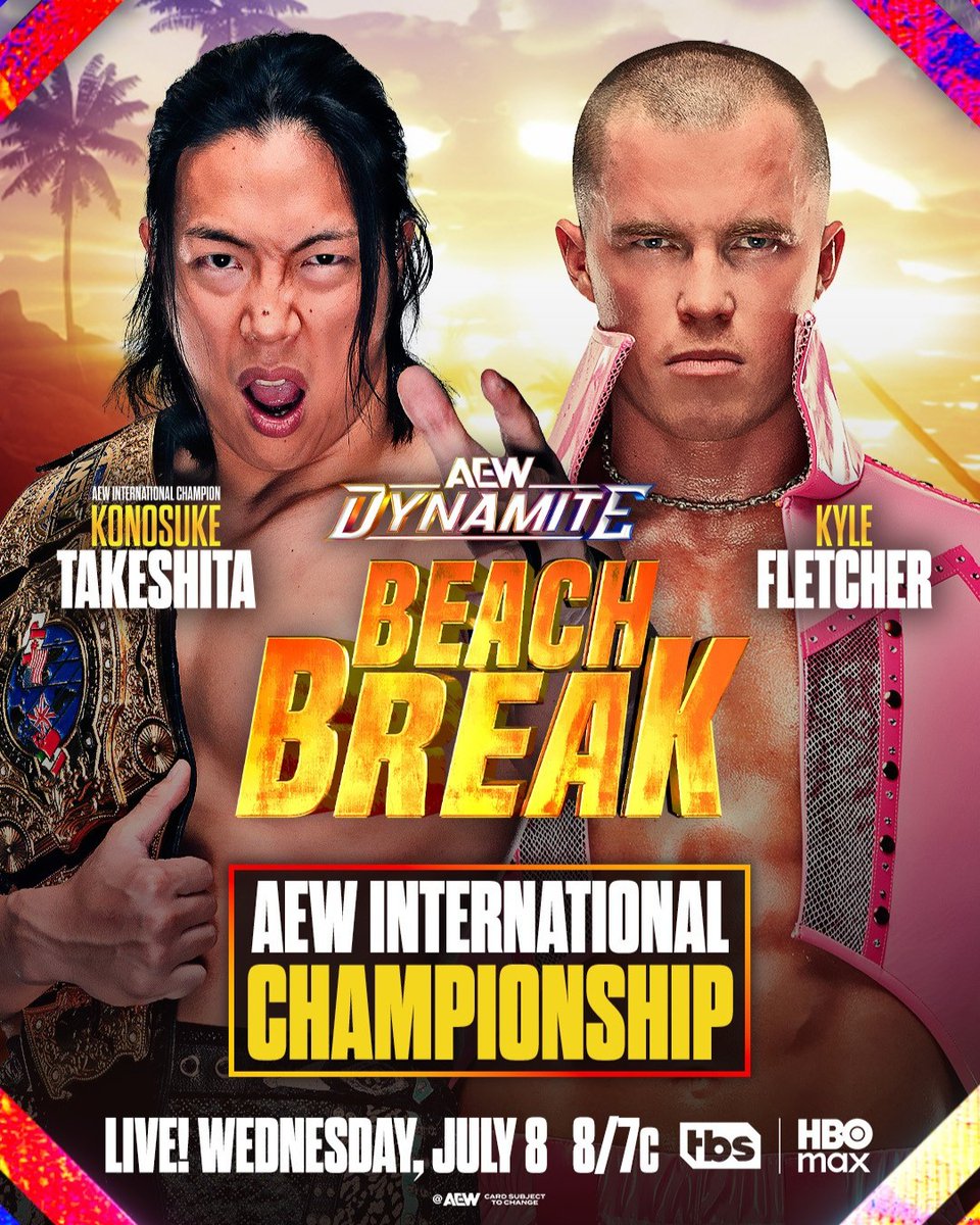 AEWonTV's tweet photo. We never thought we'd see the day that these two wouldn't get along, let alone stand across the ring from one another

Konosuke Takeshita puts his International Title in his backpack and on the line against Kyle Fletcher 

#AEWDynamite Beach Break, LIVE Wednesday at 8/7c on TBS and HBO Max