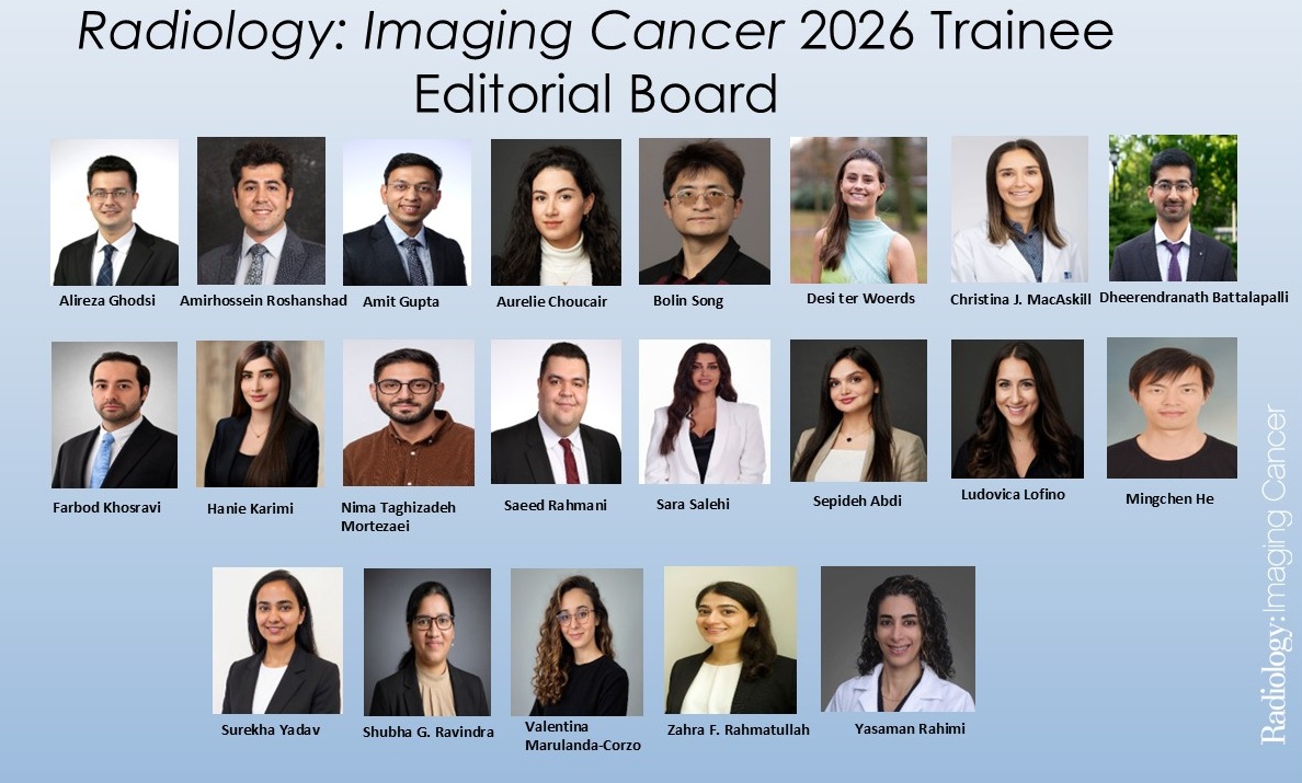 RadIC_Editor's tweet photo. π’Radiology: Imaging Cancer is proud to share the names and photos of our new Trainee Editorial Board (TEB) Members for 2026.
Congratulations to each of you for being chosen for this highly-selective position, and we look forward to working with you! βοΈπ
@luker_md https://t.co/61ugWA54lr
