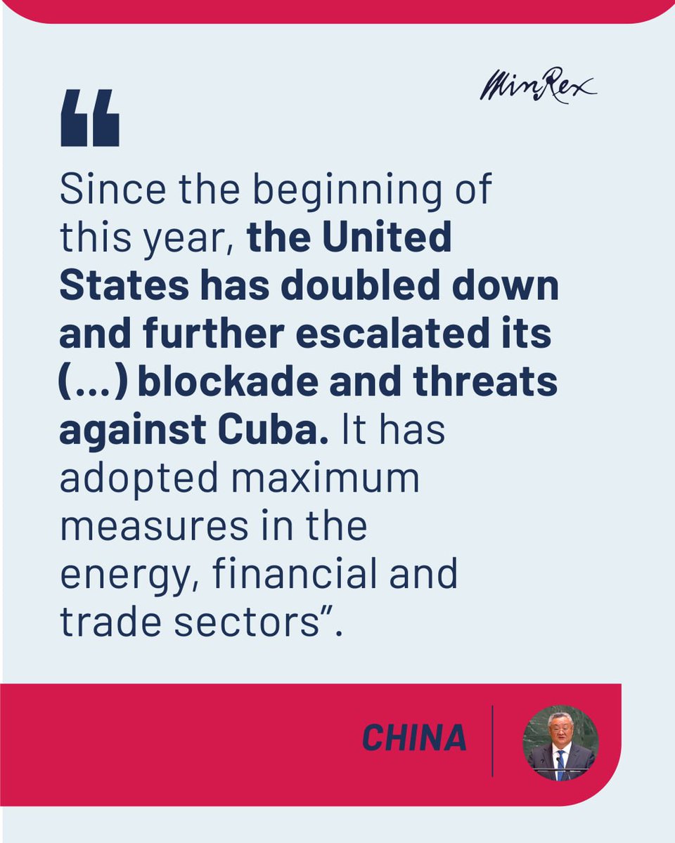 CubaMINREX's tweet photo. China denunció en la Asamblea General de las @ONU_es  la situación de máxima presión que atraviesa Cuba, a partir de las acciones agresivas del gobierno de EE.UU. contra nuestro país.

#CubaNoEsUnaAmenaza https://t.co/7Lt09lICF4