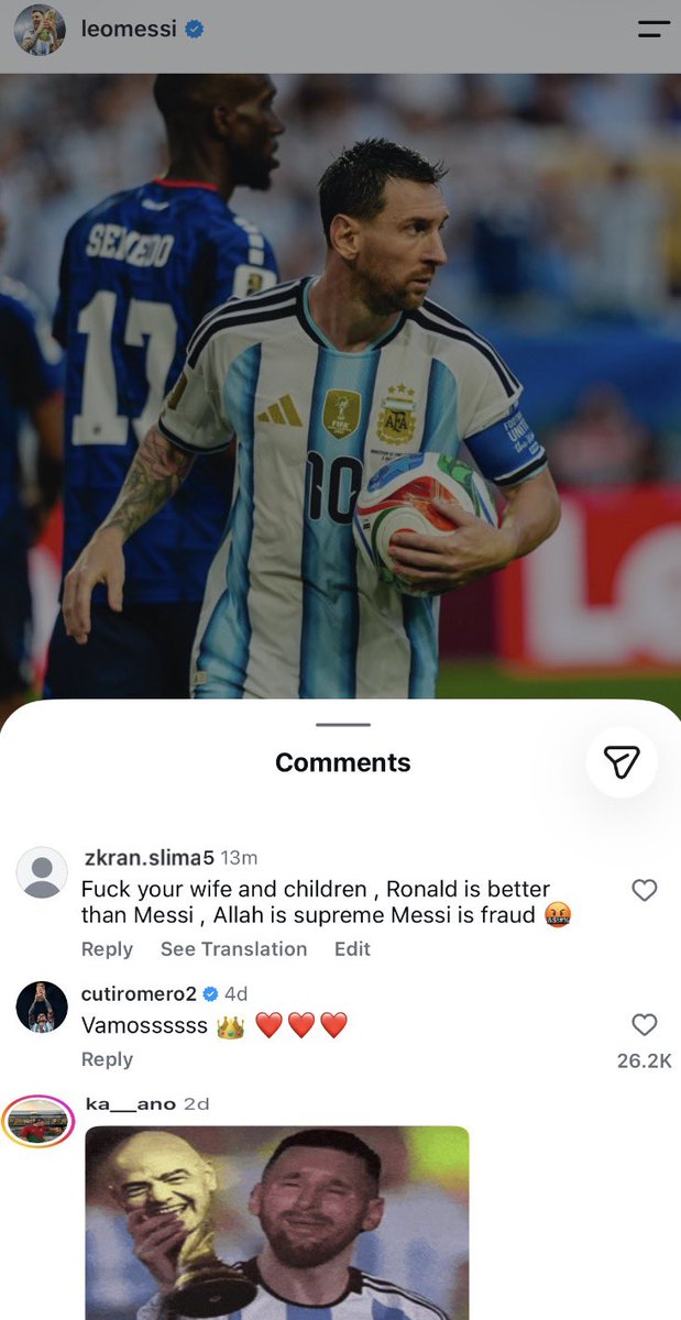 Woundedlion__'s tweet photo. Muslims and Ronaldo fans comments under Messi’s post abusing his family, retard MFs 🤡 https://t.co/DRtmfAx7je