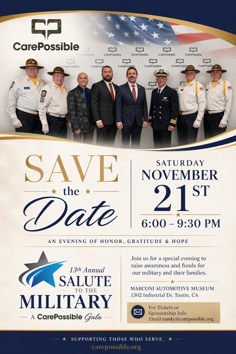 RMoraitis's tweet photo. Save the date for @CarePossible 13th Annual Salute to the Military! https://t.co/Wi44mszqvT