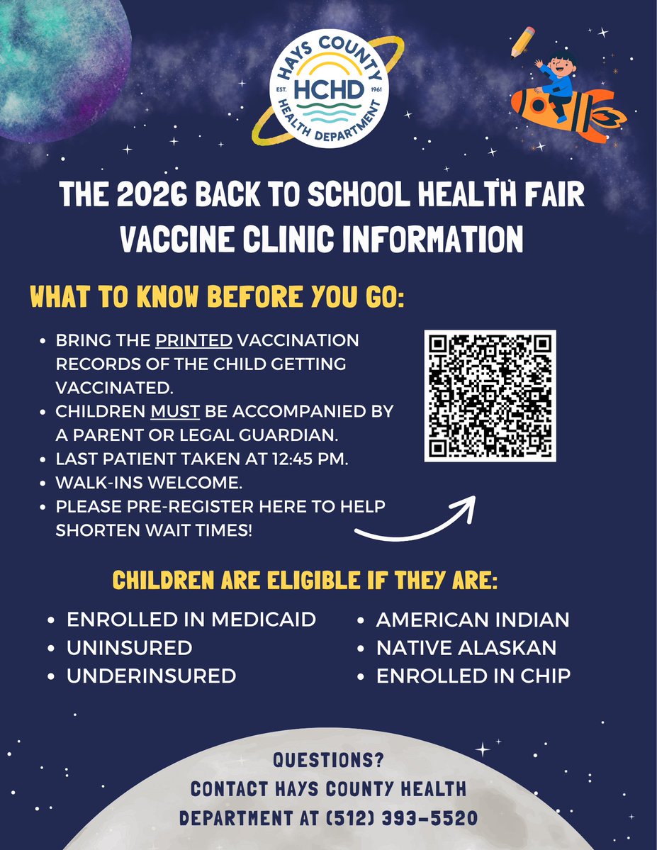 HaysCoHealth's tweet photo. Our biggest Health Fair of the year is less than a month away! 🎒

📆 Saturday, August 1st
⏰ 9 AM -1 PM
📍 Owen Goodnight Middle School-1301 TX‑123, San Marcos, TX

Please pre-register for your children's vaccines here: https://t.co/1lvJSjmQUU
☎️Call 512-393-5520 for questions! https://t.co/TDVDC2OmYD