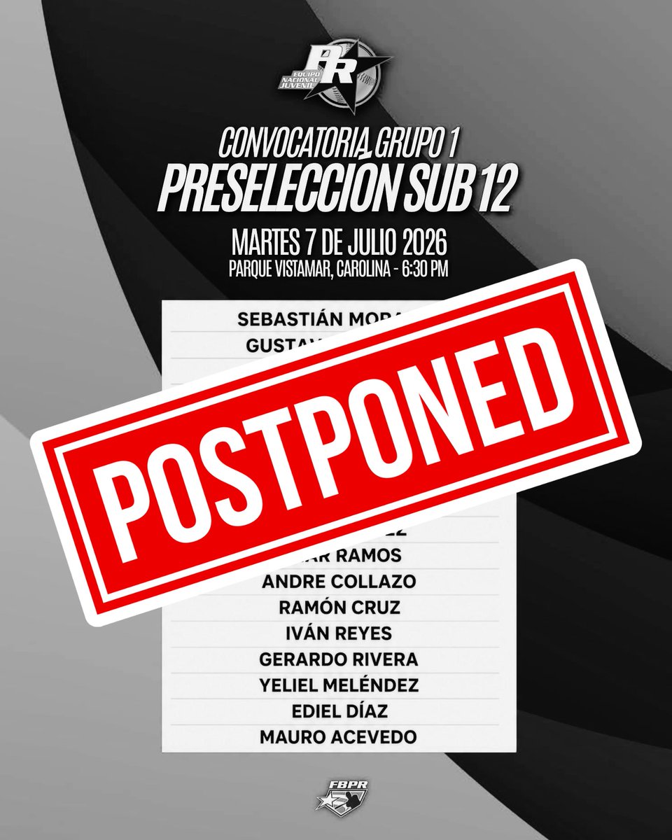 BeisbolPR's tweet photo. Suspendida por lluvia práctica del grupo 1 de la Preselección Sub 12 programada para hoy martes.
Reasignada para el martes 14 de julio.
#FBPR https://t.co/65quVYBv9R