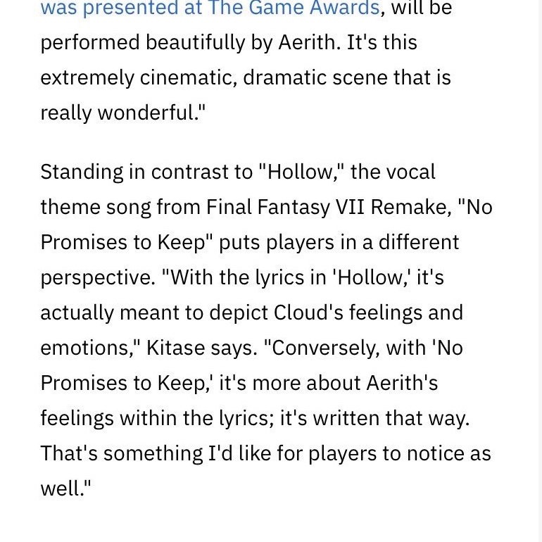 ActuallyCloud's tweet photo. It’s Cloud’s sword.

Also, remember—Cloud received Aerith’s White Materia in Rebirth.

And also—

“Hollow” is meant to depict Cloud’s feelings to Aerith.

Whereas “No Promises To Keep” depicts Aerith’s feelings to Cloud. https://t.co/iiShkwTtFk