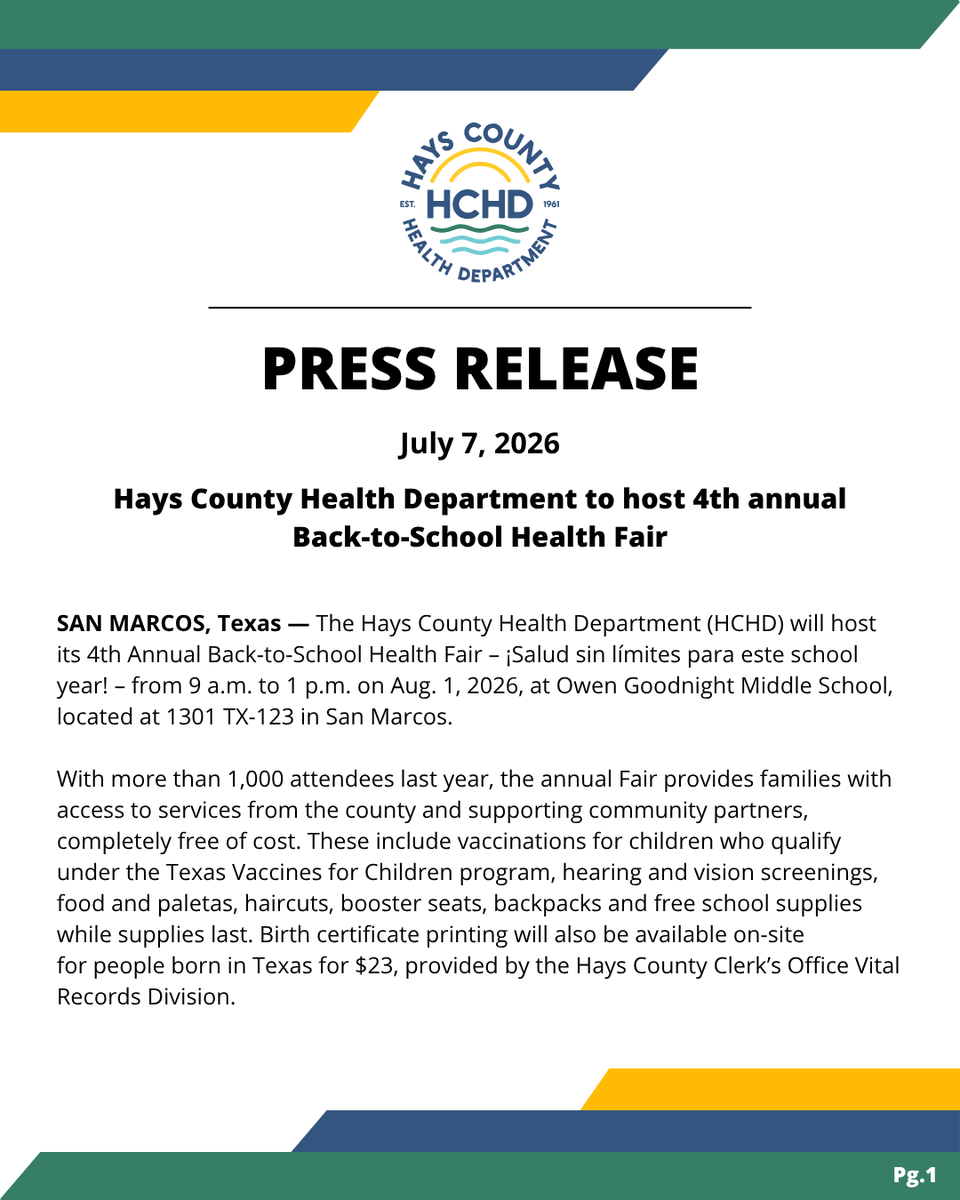 HaysCoHealth's tweet photo. 📣 The Hays County Health Department is proud to host its 4th Annual Back‑to‑School Health Fair. The event will take place from 9 a.m. to 1 p.m. on August 1, 2026, at Owen Goodnight Middle School - 1301 TX‑123, San Marcos, TX 78666.

Full press release: https://t.co/eIhbMXJGEl https://t.co/OxQ7zF8uK8