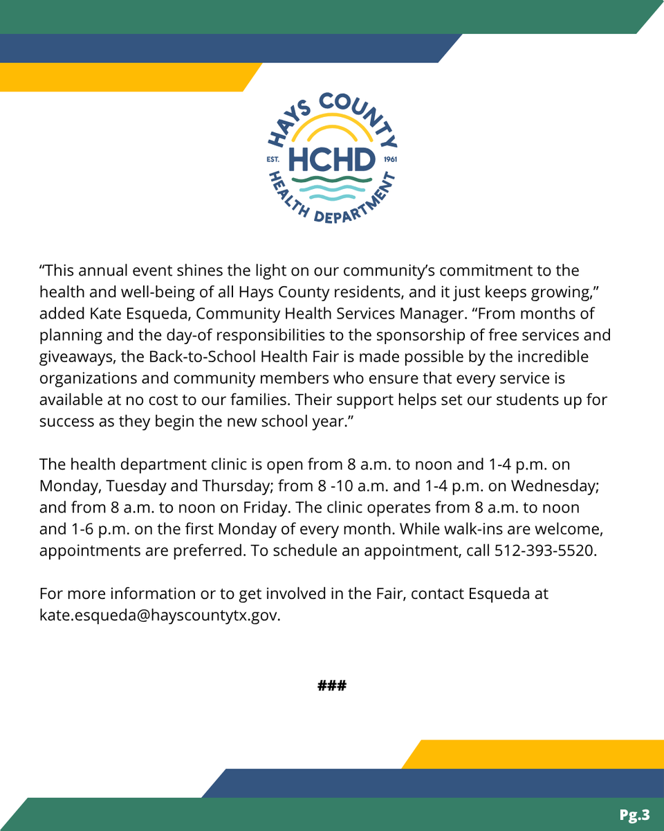 HaysCoHealth's tweet photo. 📣 The Hays County Health Department is proud to host its 4th Annual Back‑to‑School Health Fair. The event will take place from 9 a.m. to 1 p.m. on August 1, 2026, at Owen Goodnight Middle School - 1301 TX‑123, San Marcos, TX 78666.

Full press release: https://t.co/eIhbMXJGEl https://t.co/OxQ7zF8uK8