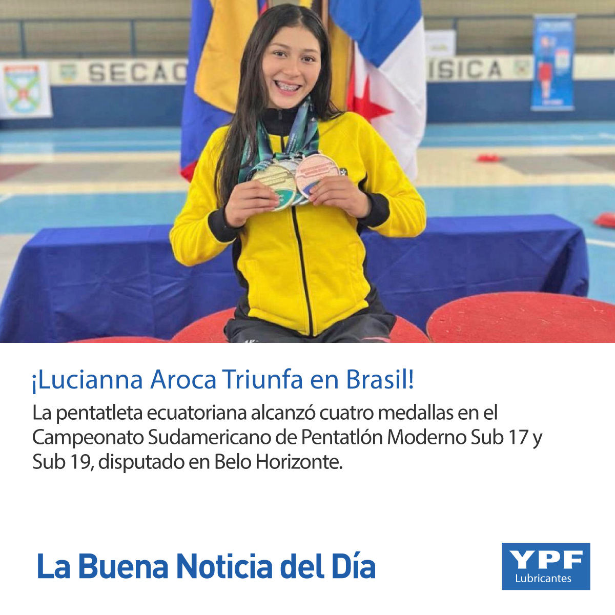 YPFEcuador's tweet photo. La pentatleta Lucianna Aroca, de 15 años, brilló en el Campeonato Sudamericano Sub 17 y Sub 19 en Brasil, alcanzando oro, dos platas y un bronce. Su meta está en los Juegos Olímpicos de Los Ángeles 2028. ¡Gran futuro! #LuciannaAroca #PentatlonModerno #Ecuador https://t.co/8Q4atp0H0z