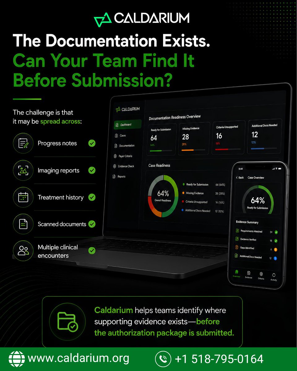_caldarium_'s tweet photo. The documentation is already in the record. The real question is: can your team find it before submission?
Because submission readiness starts with knowing what you have—and where to find it.

#PriorAuthorization #HealthcareTechnology #HealthTech #RevenueCycleManagement #RCM https://t.co/V4u8LYEcZu