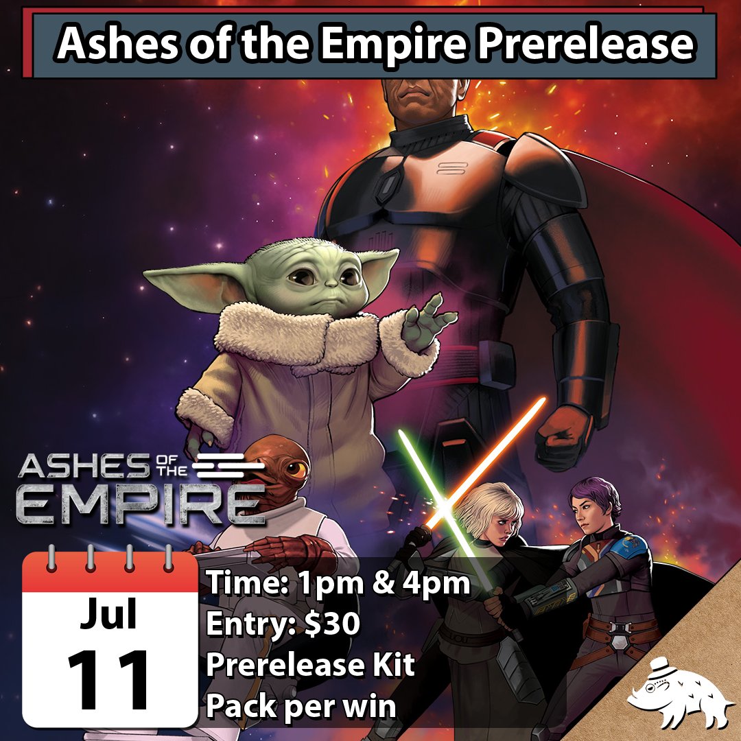 boars_hat's tweet photo. This weekend!
New cards, new strategies, great community. You are invited to our Star Wars Unlimited: Ashes of the Empire Prerelease events this Saturday. https://t.co/ssGyk9Usig