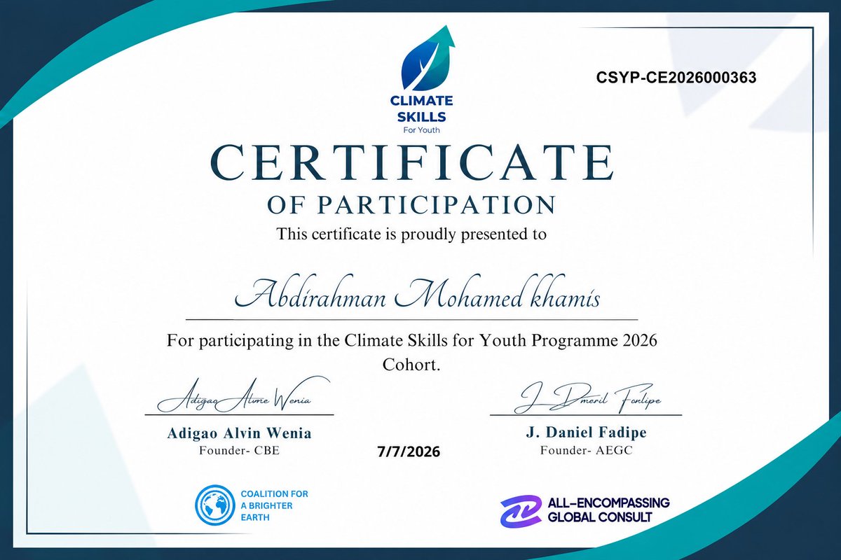abdi_infinity's tweet photo. Proud to have completed the Climate Skills for Youth Programme 2026! 🌍💚 Committed to turning knowledge into action for a more sustainable future. 🌱
#ClimateAction #YouthLeadership #Sustainability https://t.co/zrgaZL805U