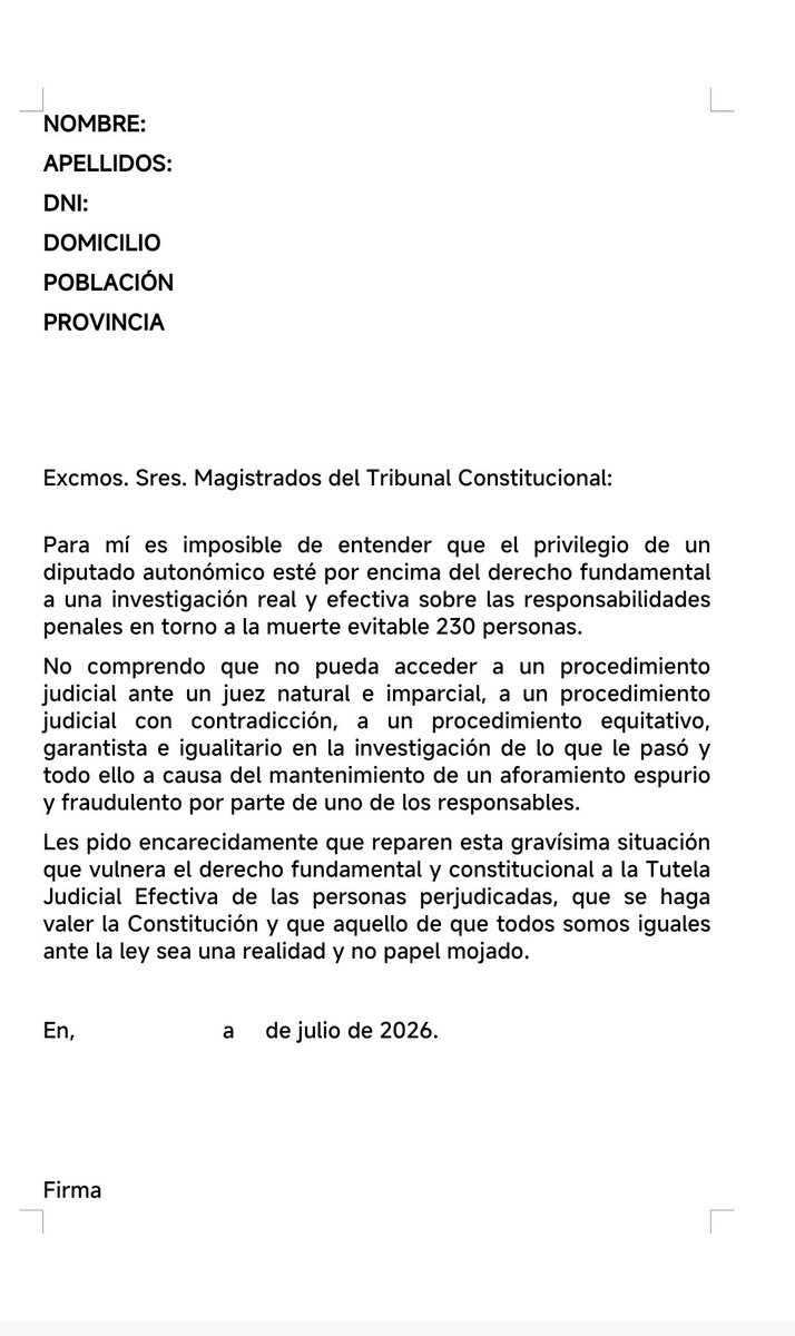 josevico4's tweet photo. Muchas gracias a todos por vuestra colaboración con la difusión, aquí os dejo una plantilla por si queréis enviar la carta, en nombre de las familias de la Dana, al constitucional.
No cuesta nada, rellenarlo con tus datos, un sello y se envía por correo.

Hagámoslo por las familias