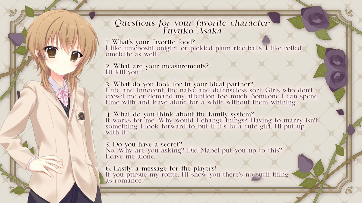 MotoKumakkoWork's tweet photo. A message from the characters, just for you. Enjoy their answers, and finding hints about the upcoming trial version...
#visualnovel #yurivn #otome #indiedev https://t.co/rjwRDzxzkQ