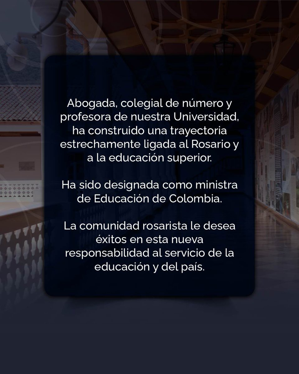 URosario's tweet photo. La Universidad del Rosario reconoce la trayectoria de Viviane Morales Hoyos, abogada rosarista, colegial de número y profesora de nuestra institución, quien ha sido designada como ministra de Educación.

Le deseamos éxitos en esta nueva responsabilidad al servicio de la educación y del país. 🇨🇴