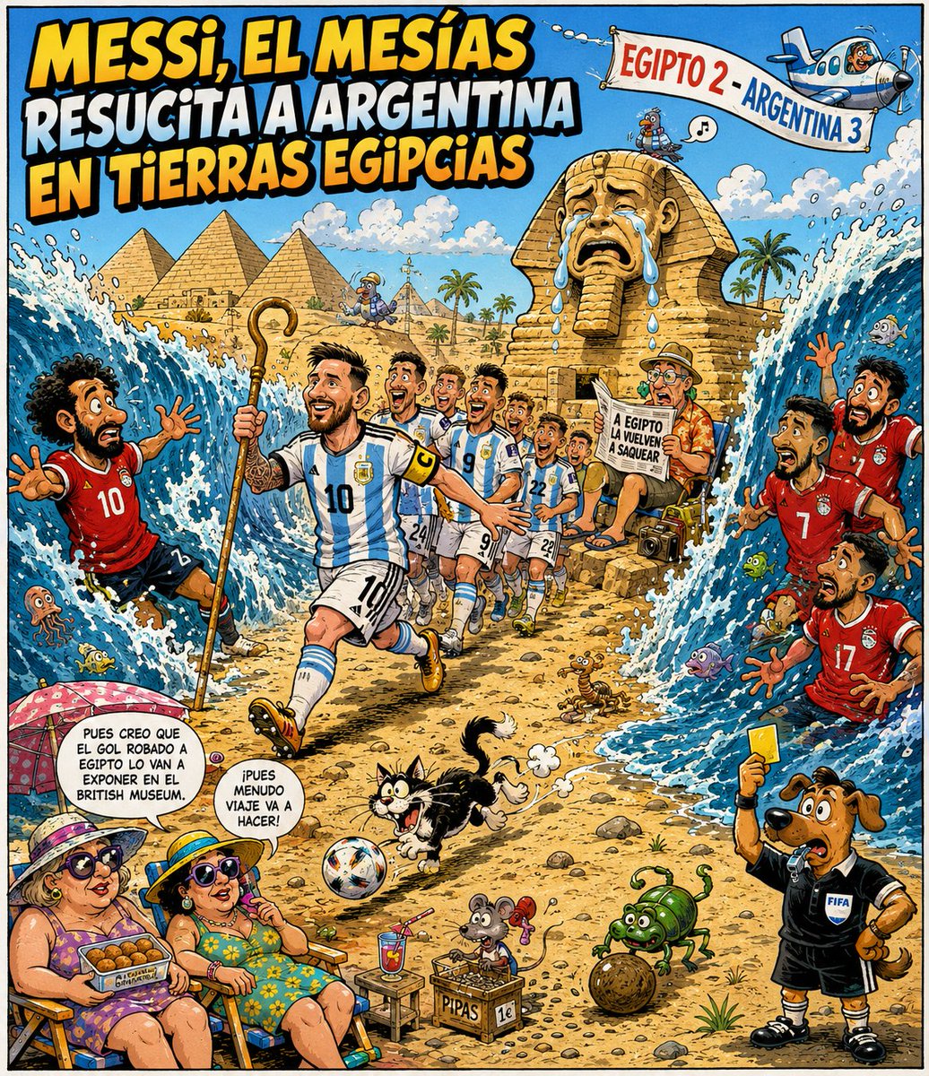 adolfomena72's tweet photo. FUTBOL+HUMOR IS POSIBOL. Capitulo 51º
Argentina protagoniza otra victoria envuelta en polémica. Messi da otro triunfo impredecible.
Los egipcios acabaron desquiciados y hablaron con los sacerdotes para lanzar una maldición. El gol q les robaron será expuesto en el British Museum. https://t.co/by3QGR1pQE