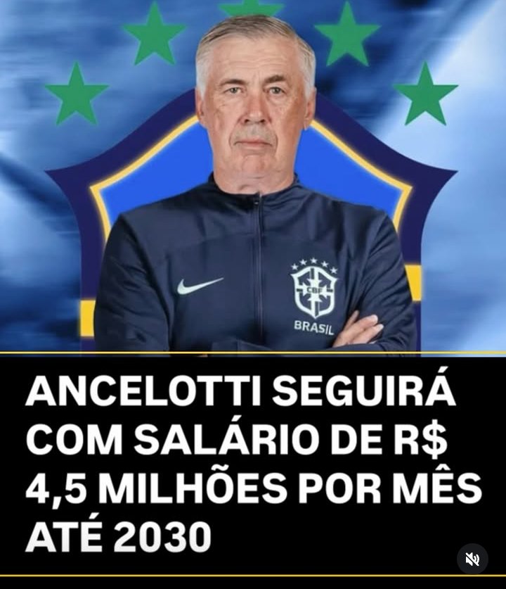 WagnerOMaiaOfc's tweet photo. Ancelotti confirmado! Técnico segue na Seleção Brasileira até 2030 recebendo R$ 4,5 milhões por mês. 💰⚽️
O que acham dessa renovação? #Ancelotti #SelecaoBrasileira #CBF #Futebol #Copa2026 #VaiBrasil #AncelottiNaSelecao https://t.co/QTrr6dqidq