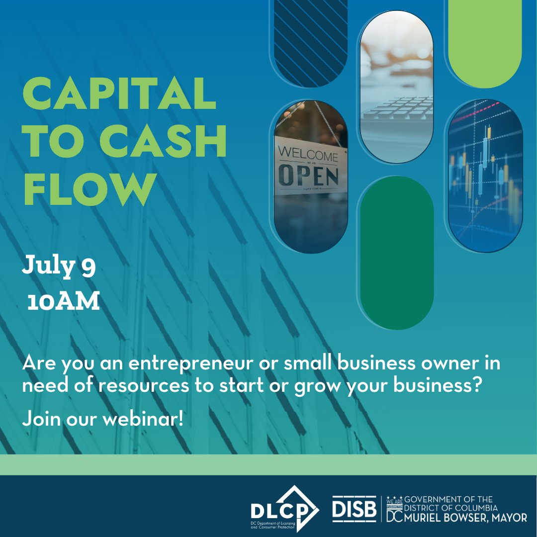 DCDISB's tweet photo. Looking to strengthen your business finances? Our Capital to Cash Flow webinar breaks down practical steps to manage cash flow and introduces tools offered through DC BizCAP.

RSVP:
https://t.co/wItqhg5GGD https://t.co/y31t3XtDAQ