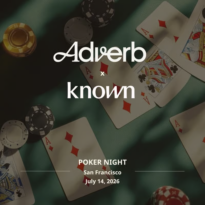 dateknown's tweet photo. Known is built around the belief that the best introductions happen in real rooms. Every so often, we get to prove it.

We are hosting a poker night with Adverb Ventures in the Marina on July 14. Real dealers, bites, drinks, all levels welcome. Both teams will be there.

Register here: https://t.co/vPQ2r1JX3H