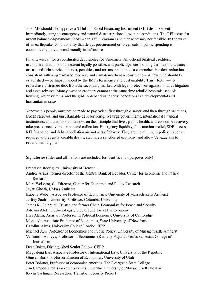 michael_galant's tweet photo. NEW: Over 100 economists/experts call to lift sanctions on Venezuela 🇻🇪, unfreeze its assets, and provide debt relief to allow it to rebuild and recover from the devastating June 24 earthquakes. https://t.co/1cTPHd1vYP