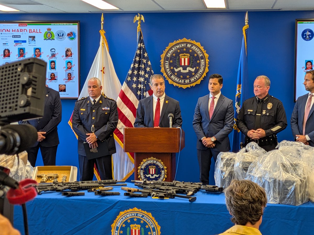 FBILosAngeles's tweet photo. Law enforcement partners in the United States, Canada, and Europe have arrested 24 defendants – 11 of them in California – connected to three India-based transnational organized crime groups charged with a litany of criminal acts, including the assassination in Canada in 2023 of a prominent Indian political and religious figure.  

Today’s law enforcement action – “Operation Hard Ball” – is the result of a years-long federal investigation into Indian crime syndicates that engage in racketeering, targeted killings, shootings, extortion, the trafficking of bulk quantities of narcotics across international borders, and other crimes around the world whose impact is especially felt in the Indian diaspora. 

In total, 37 defendants – including two defendants who ran their global criminal syndicates while imprisoned in India – are charged across three indictments unsealed today. Those arrested in the United States – 11 in California, one in Indiana, and one in Georgia – are expected to make their initial appearances today in federal court.

Three defendants have been arrested in Canada, one defendant was arrested in Spain, and seven defendants already were in custody prior to today’s law enforcement operation.  Law enforcement is looking for 10 fugitives – seven in the United States, two in India, and one in Europe.

As part of this investigation, law enforcement has seized approximately 1,000 kilograms of cocaine and 1 kilogram of heroin along with $40,000 in cash and a dozen firearms. A total of 23 search warrants have been executed in the Sacramento area and 11 warrants have been executed in the Los Angeles area. 
@RCMPGRCPOLICE @LAPDHQ @USAO_LosAngeles @HSI @ATF

Additional details:  https://t.co/wxzv0taBTf