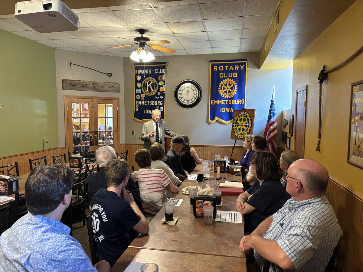 ChuckGrassley's tweet photo. Joined Emmetsburg Rotary Club for lunch Q&amp;A 19ppl issues: Farm bill PBMs/Rx drug costs Working Families Tax Cuts—no tax on tips/overtime/child tax credit Fertilizer costs SAVE America Act natl debt Medicaid Medicare birthright citizenship bipartisanship etc #99countymeetings https://t.co/bYx128cSBJ