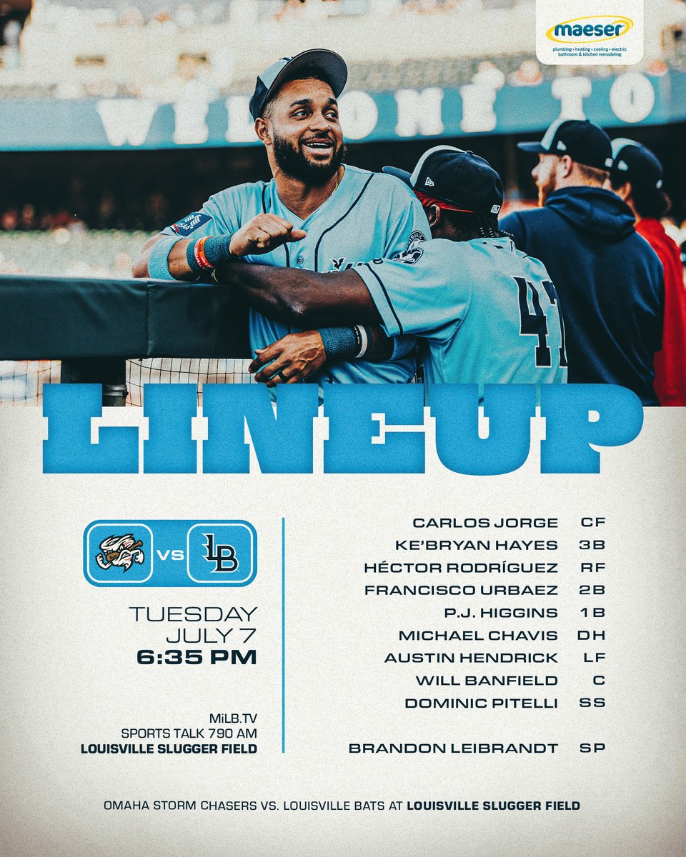 LouisvilleBats's tweet photo. The boysss are backkkk 

🆚 Omaha Storm Chasers 
⏰ 6:35 PM
📻 @SportsTalk790 
📺 https://t.co/A2hz3kRD2a &amp; @Bally__Sports

Presented by @Maeser_services https://t.co/OLF5KSa7Fb