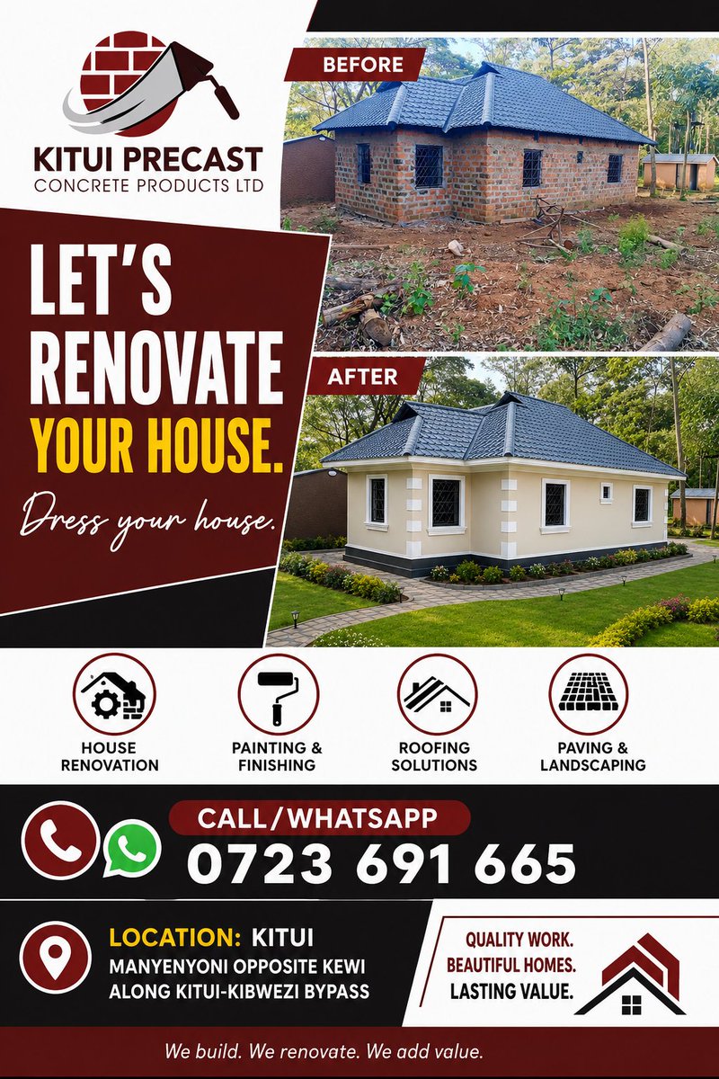 KituiPrecast's tweet photo. 🏠 LET'S RENOVATE YOUR HOUSE! 🏠

Dress your house with a fresh, modern look. See the difference — Before &amp; After.

📞 Call/WhatsApp: 0723 691 665

📍 Location: Kitui, Manyenyoni opposite KEWI along Kitui–Kibwezi Bypass. https://t.co/phnIvujgOY