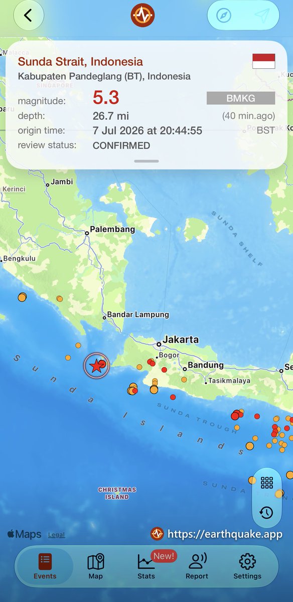 grum10's tweet photo. 40 min.ago #earthquake 5.3 has hit Kabupaten Pandeglang (BT), Indonesia, 26.7mi, 20:44 BST (BMKG ) https://t.co/YwI0X6HqSI https://t.co/6Cnn0sBxSf