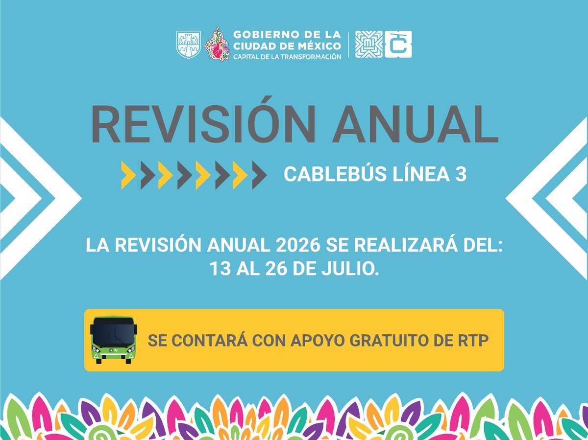 MICablebusCDMX's tweet photo. A partir del 13 de julio realizaremos la revisión anual de nuestras líneas.
· Para la Línea 3 Los Pinos/Constituyentes-Vasco de Quiroga, será del 13 al 26 de julio
· En la Línea 2 Constitución de 1917-Santa Marta, del 27 de julio al 09 de agosto
· Y de la Línea 1 Indios Verdes-Cuautepec y Tlalpexco, del 10 al 23 de agosto
Durante ese tiempo contaremos con apoyo de unidades de la @RTP_CiudadDeMex
