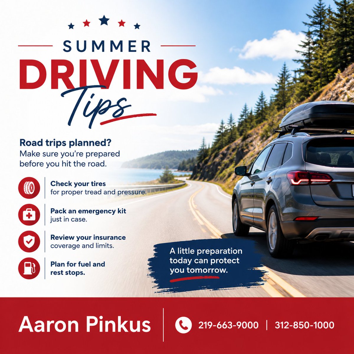 SFAgentAaronP's tweet photo. Road trips planned? Check your tires, emergency kit and insurance before you hit the road. ππ
#AaronPinkusStateFarmAgency #NWIndiana #Chicago #Summertime #StateFarmAgent #Insurance #Summer https://t.co/iy7xyjAcvW