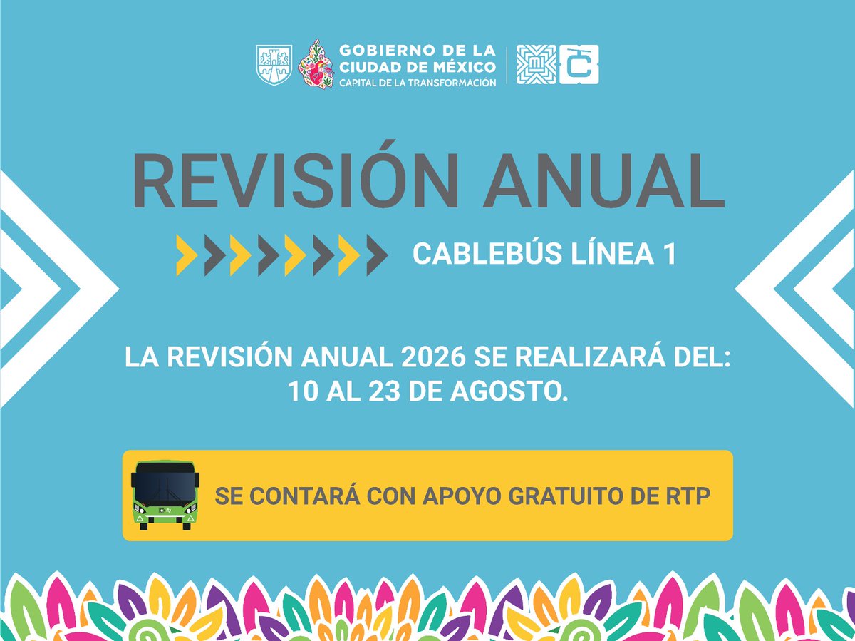 MICablebusCDMX's tweet photo. A partir del 13 de julio realizaremos la revisión anual de nuestras líneas.
· Para la Línea 3 Los Pinos/Constituyentes-Vasco de Quiroga, será del 13 al 26 de julio
· En la Línea 2 Constitución de 1917-Santa Marta, del 27 de julio al 09 de agosto
· Y de la Línea 1 Indios Verdes-Cuautepec y Tlalpexco, del 10 al 23 de agosto
Durante ese tiempo contaremos con apoyo de unidades de la @RTP_CiudadDeMex