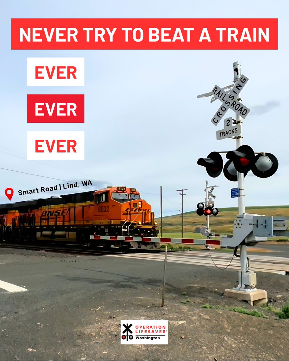 WaOpLifesaver's tweet photo. ...Ever! ❤️ Trains can’t swerve or stop quickly. When warning signals activate, the safest choice is always to wait.
#SeeTracksThinkTrain #STOPTrackTragedies #RailSafetyEducation #WAState #LindWA https://t.co/pmhBKuBdQx