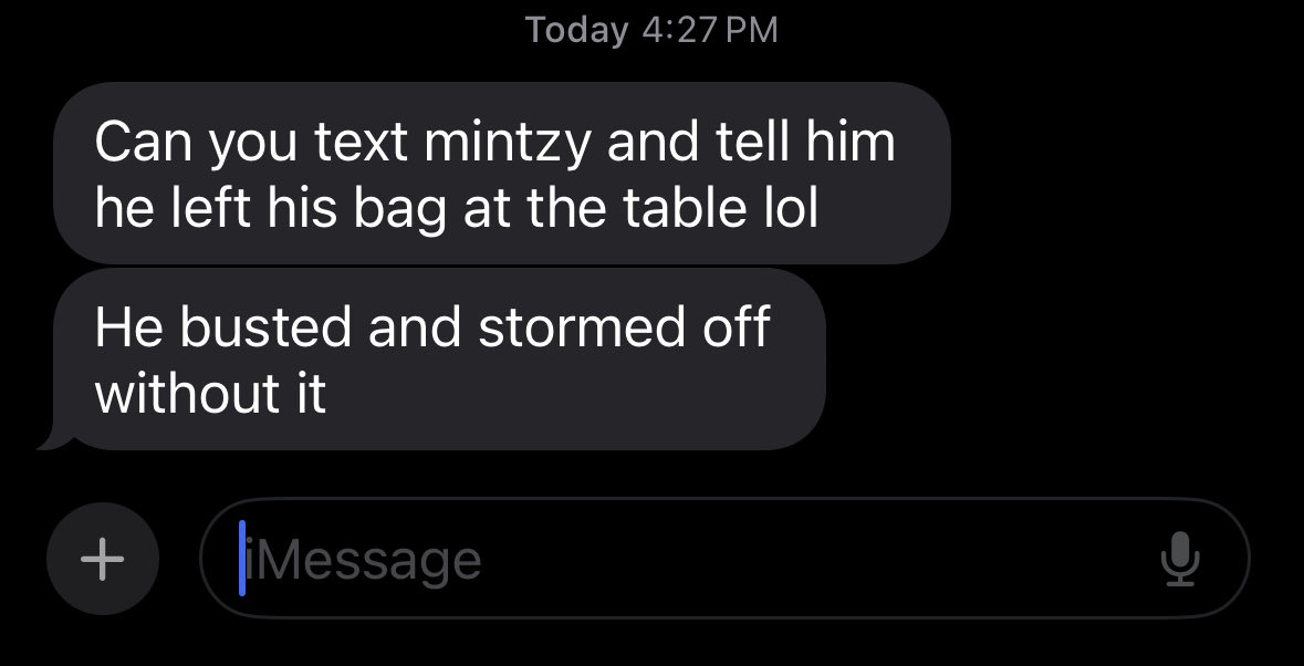 BarstoolNate's tweet photo. To channel my inner @OhioTate: 

I can confirm Ben Mintz has busted the World Series of Poker Main Event and is not pleased about it.

His bag will be handed to security which he can retrieve at any time. https://t.co/yWT3GWywoW