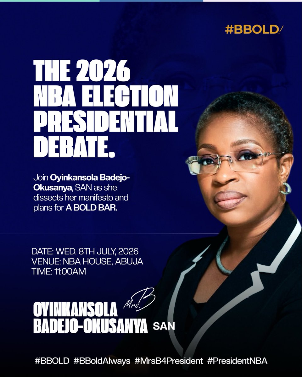 MrsBBold's tweet photo. THE MOMENT TO PRESENT A BOLDER VISION IS HERE.

Tomorrow, I look forward to engaging with colleagues across the Bar at the 2026 NBA Presidential Debate, where I will share my vision for A BOLDER BAR THAT WORKS FOR EVERYONE and outline practical reforms to help lawyers earn better, live better, and practise better.

📍 Venue: NBA House, Abuja
📅 Date: Wednesday, 8 July 2026
🕚 Time: 11:00 a.m.

Or join virtually via:
https://t.co/Sh0rK18FXc

I look forward to sharing this important conversation with you as we discuss the future of our profession.

A BOLDER BAR THAT WORKS FOR EVERYONE.

#BBOLD