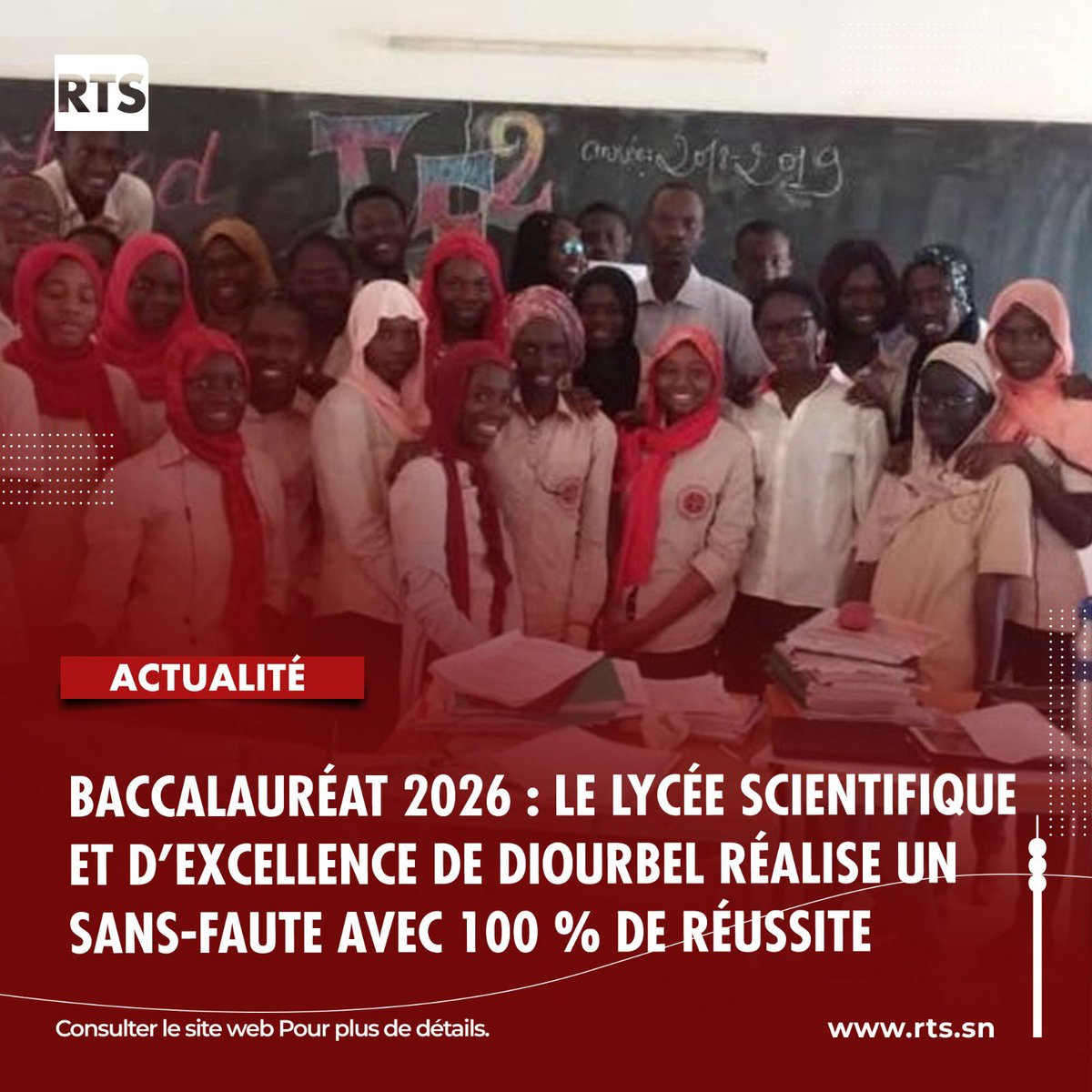 RTS1_Senegal's tweet photo. 100 % de réussite, 59 mentions dont 25 Très Bien, 28 Bien et 6 Assez Bien. Le Lycée scientifique et d'excellence de Diourbel (LSED) signe une performance remarquable au baccalauréat général 2026, confirmant son statut d'établissement d'élite.
https://t.co/mY2b3MA04J https://t.co/E78WlFTH60