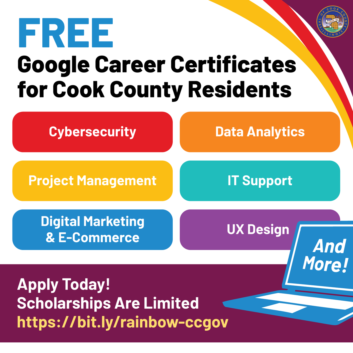 cookcountygov's tweet photo. Big news, Cook County!

Through Project Rainbow, Cook County is now offering FREE Google Career Certificates in AI, cybersecurity, data analytics, project management, digital marketing, &amp; more.

No classroom. No commute. No cost.

Sign up today: https://t.co/vuNnSSW8v2 https://t.co/1Xi1v9Svfe