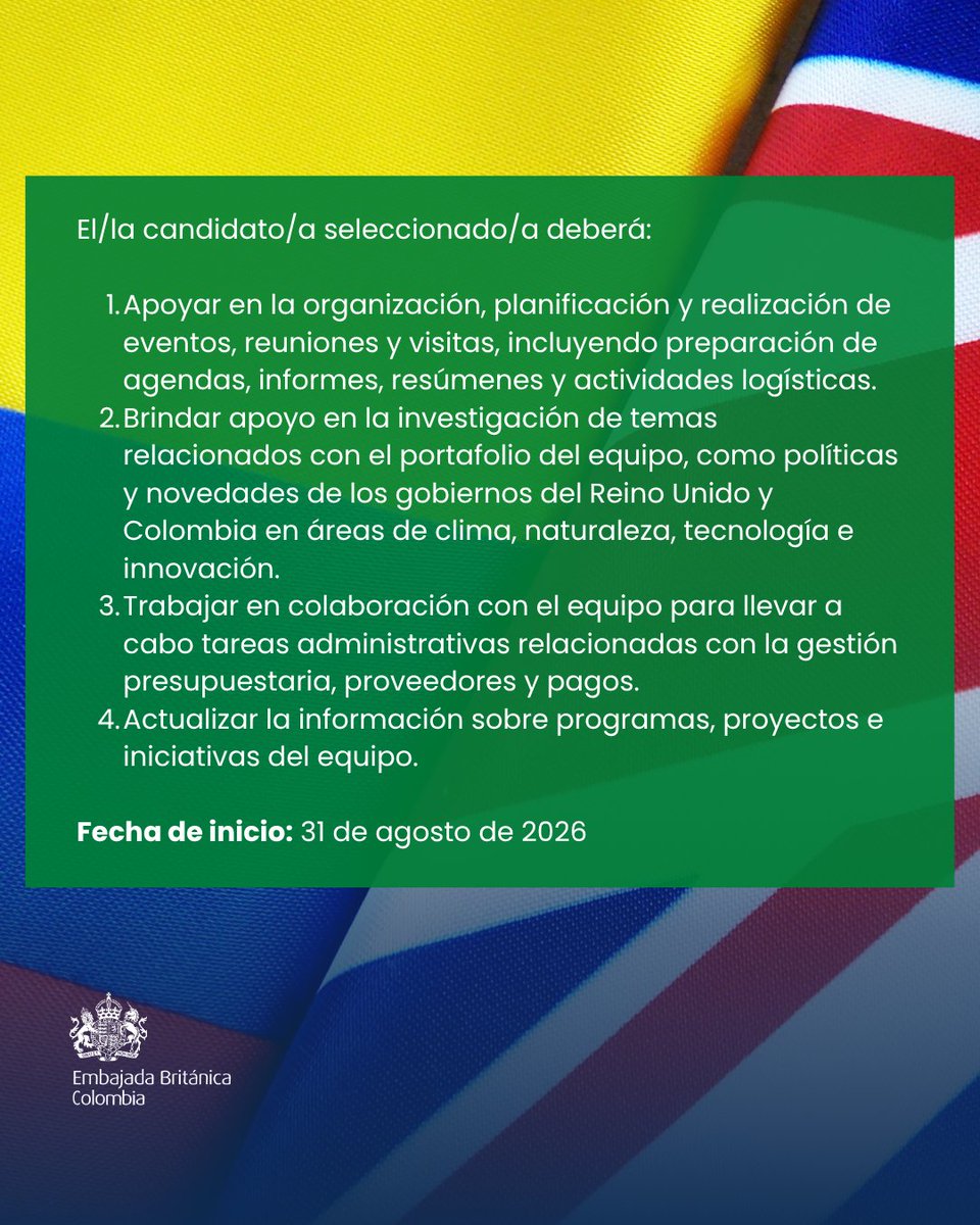 UKinColombia's tweet photo. ¡Realiza tus prácticas en un ambiente internacional #UKCOL🇬🇧🇨🇴!

🌳Buscamos pasante que apoye al equipo de Economía, Ciencia y Clima de la Embajada Británica en Bogotá. Postúlate antes del 15 de julio aquí 👉🏽https://t.co/teauTR60Pv https://t.co/cnlHSlmNGP