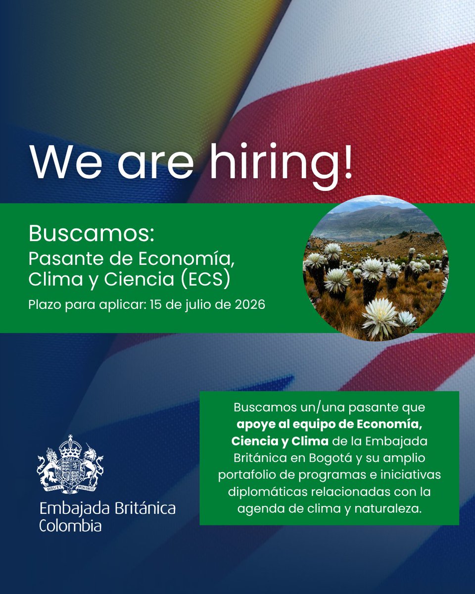 UKinColombia's tweet photo. ¡Realiza tus prácticas en un ambiente internacional #UKCOL🇬🇧🇨🇴!

🌳Buscamos pasante que apoye al equipo de Economía, Ciencia y Clima de la Embajada Británica en Bogotá. Postúlate antes del 15 de julio aquí 👉🏽https://t.co/teauTR60Pv https://t.co/cnlHSlmNGP